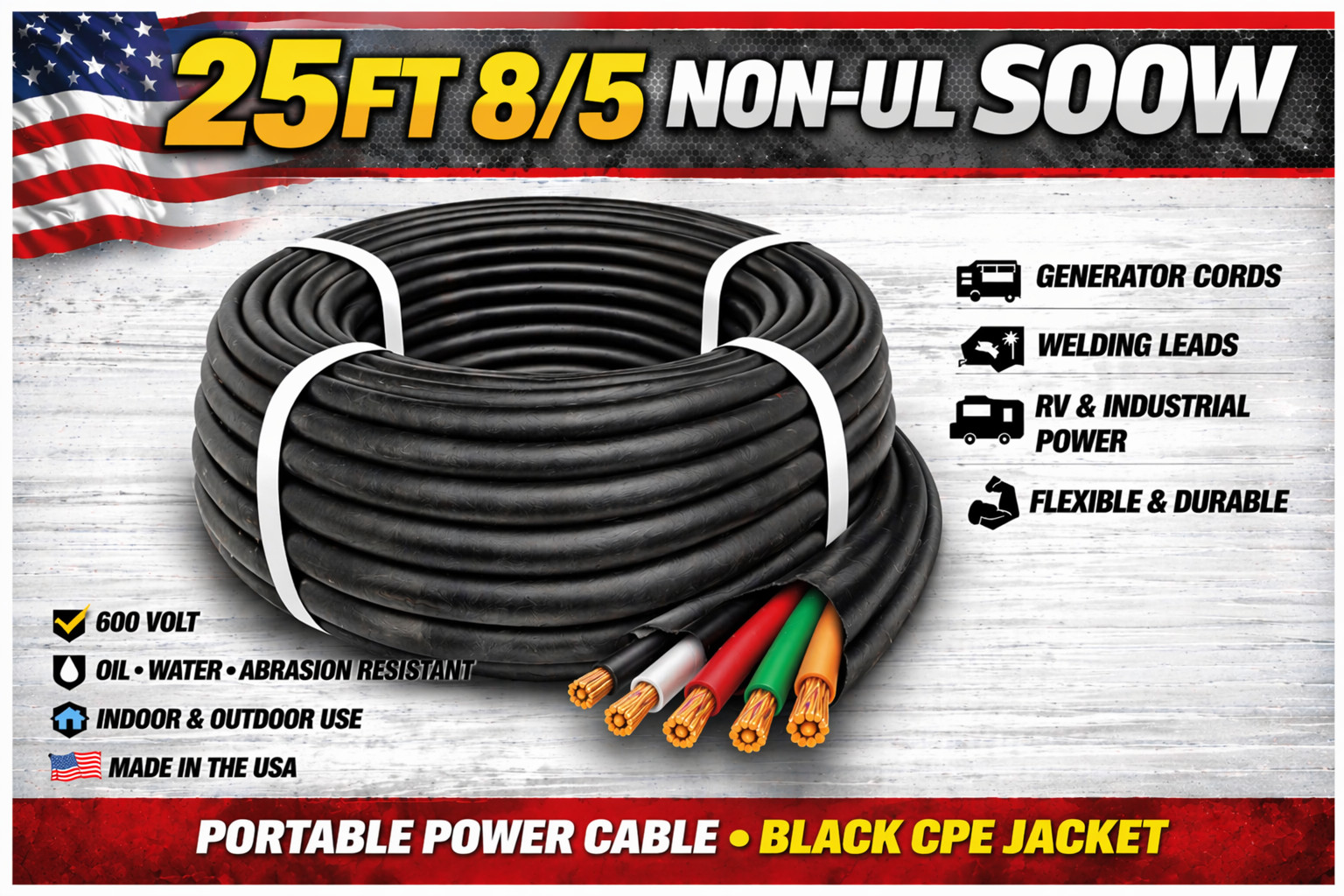 8/5 SOOW Portable Cord 25FT 600V Non UL Black Flexible Cable USA Made
