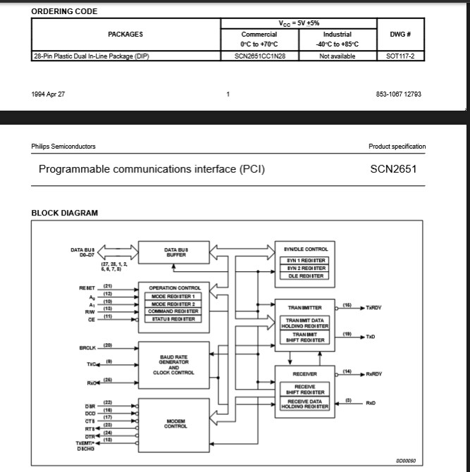 QTY (2) SCN2651CC1N28 SIGNETICS 28 PIN DIP PROGRAMMABLE COMMUNICATIONS INTERFACE