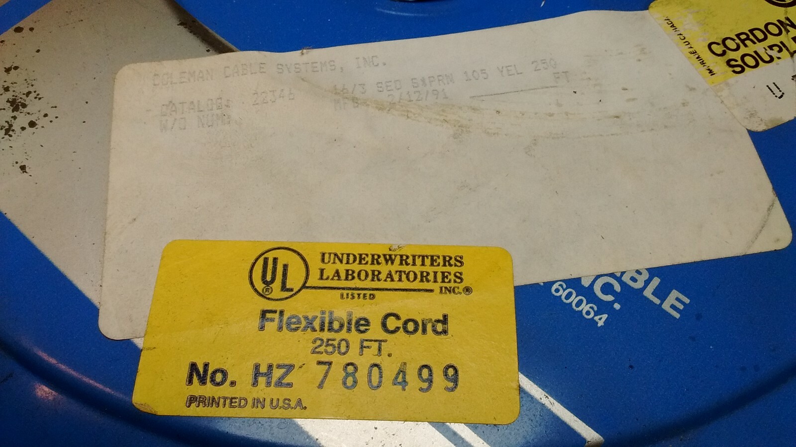 YELLOW COLEMAN Flexible Cord 16AWG 3 Conductor 250 Ft NEW EXTENSION ELECTRICAL