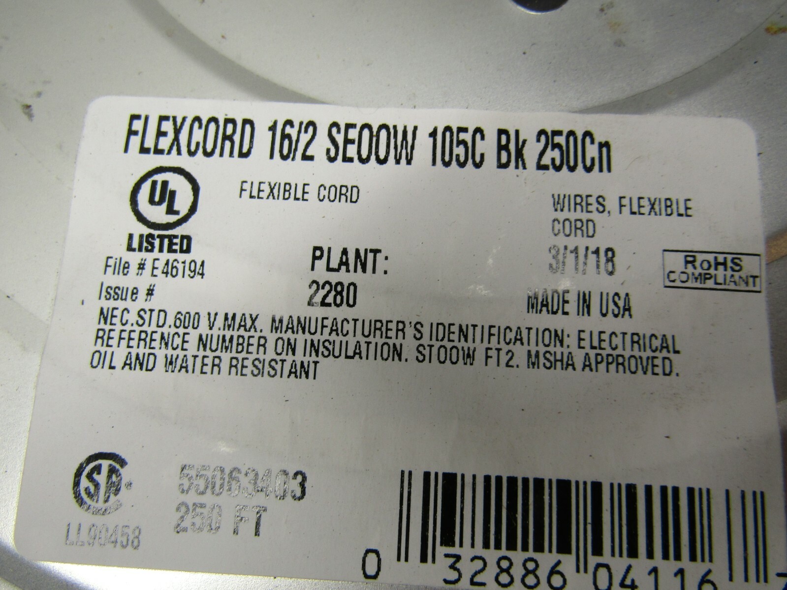 Flexcord 55063403 16/2 SE00W 105C BK 250FT Cord
