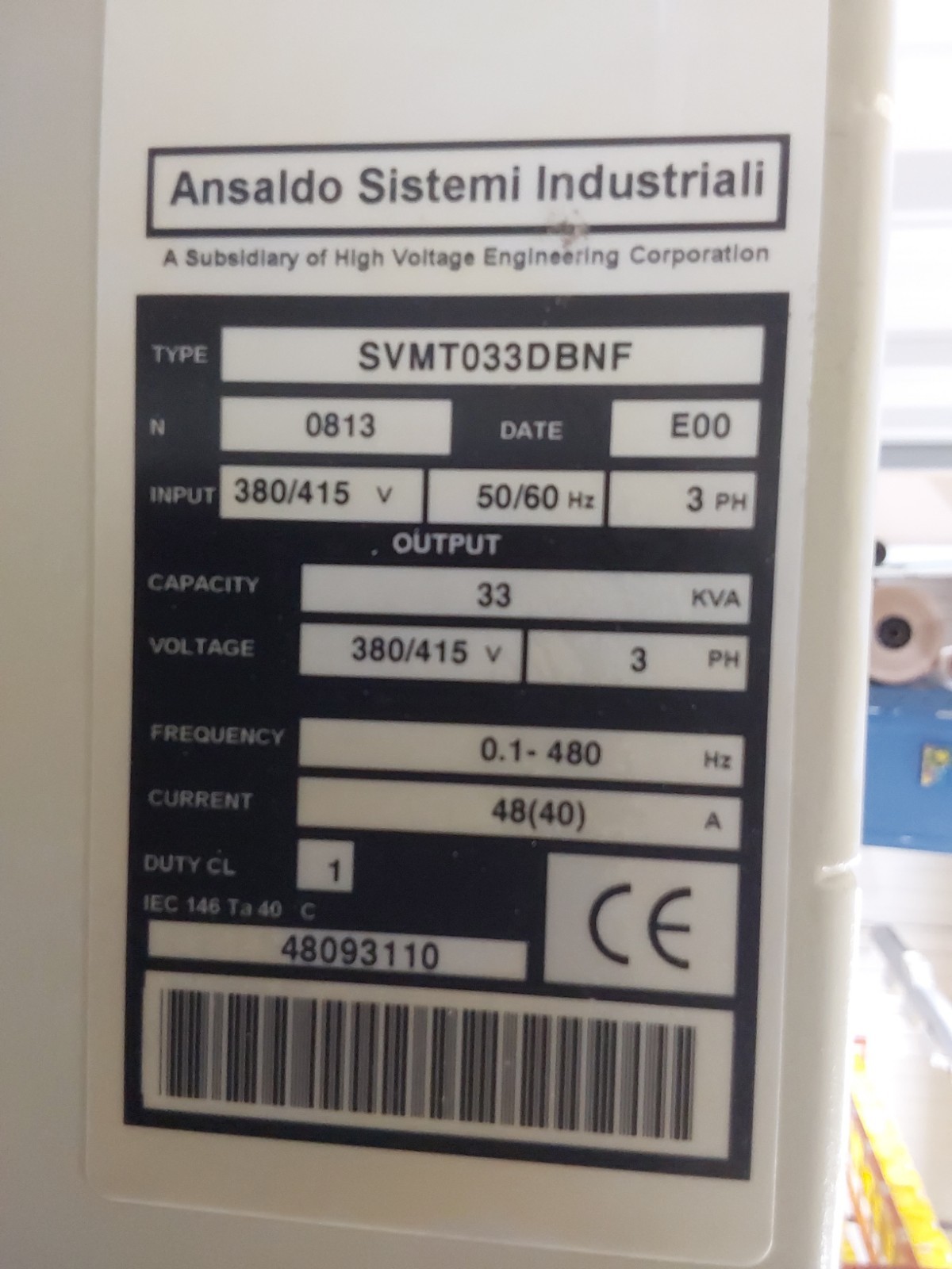 ANSALDO Sistemi Industriali SVMT033DBNF 380/415V 33KVA DRIVE 3PH 380/415 50/60HZ