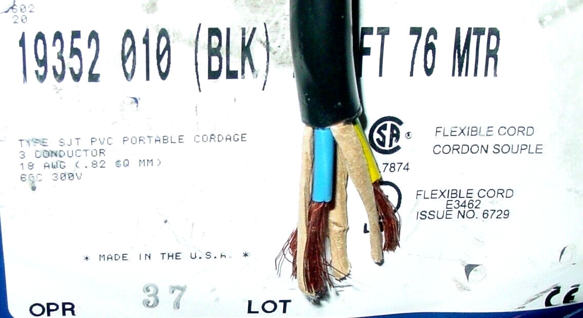 Belden Wire 19352 18/3C SJT PVC Portable Cordage Power Cord Cable Black 10ft USA