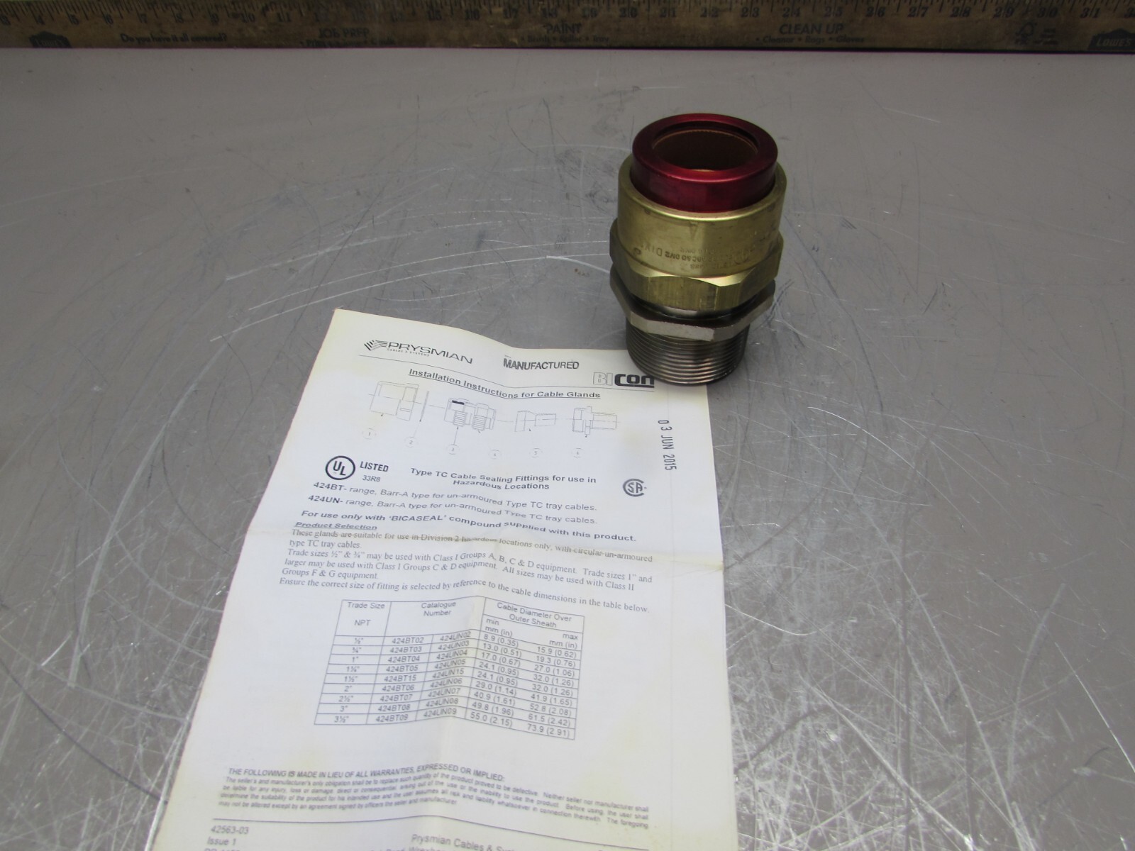 PRYSMIAN GROUP BI-CON 424BT15, BARR-A , 1-1/2″ CABLE CONNECTOR, NEW! MAKE OFFER!