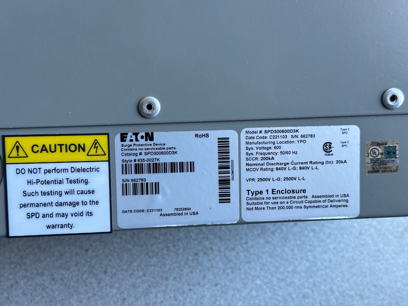NEW Eaton SPD300600D3K Surge Protection Device SPD 300kA 600V delta 4W+G NEMA 1