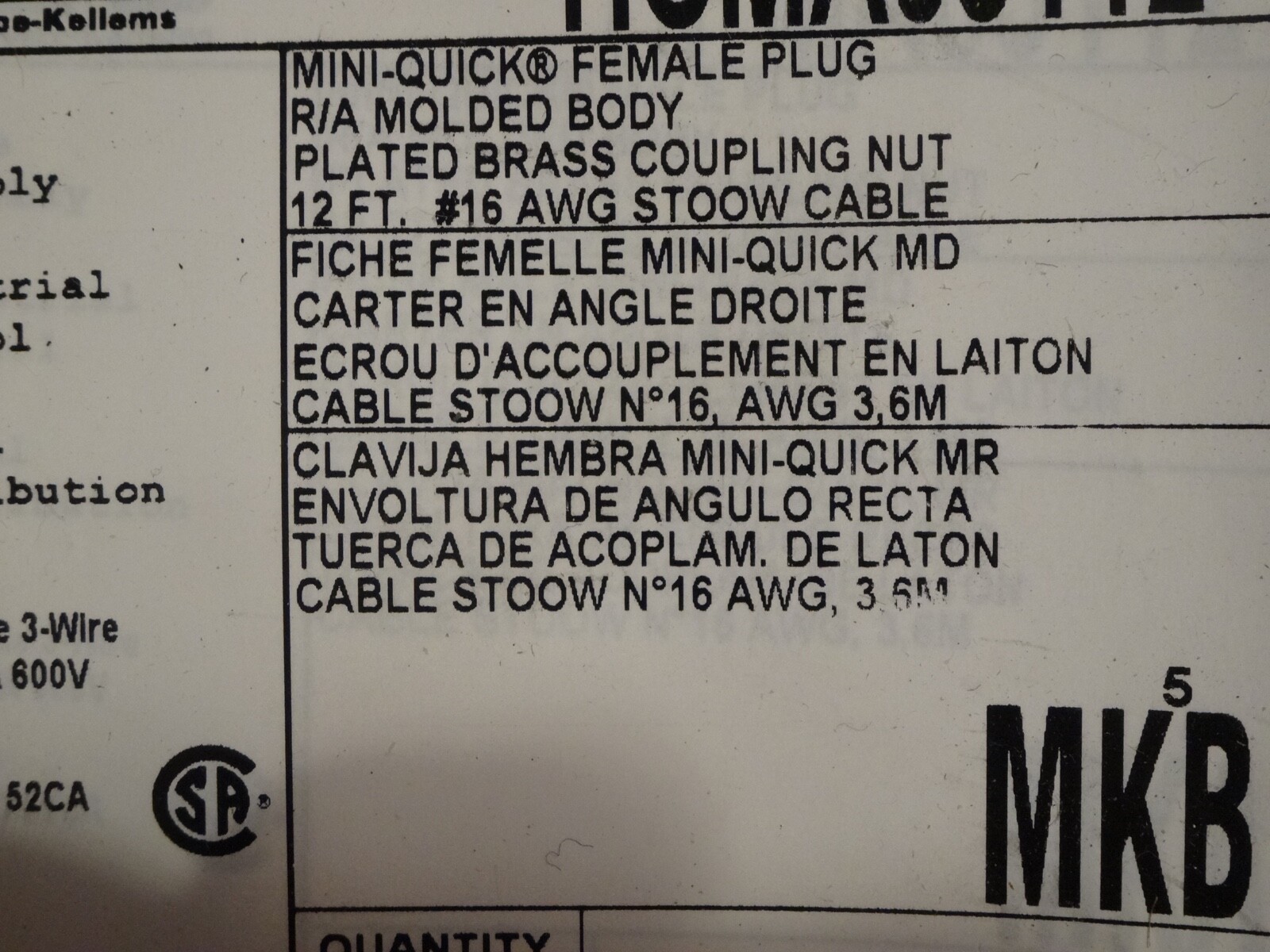 Hubbell 12ft Mini-Quick Female Plug #16 AWG STOOW Cable Assembly 3 pin HCMA03112