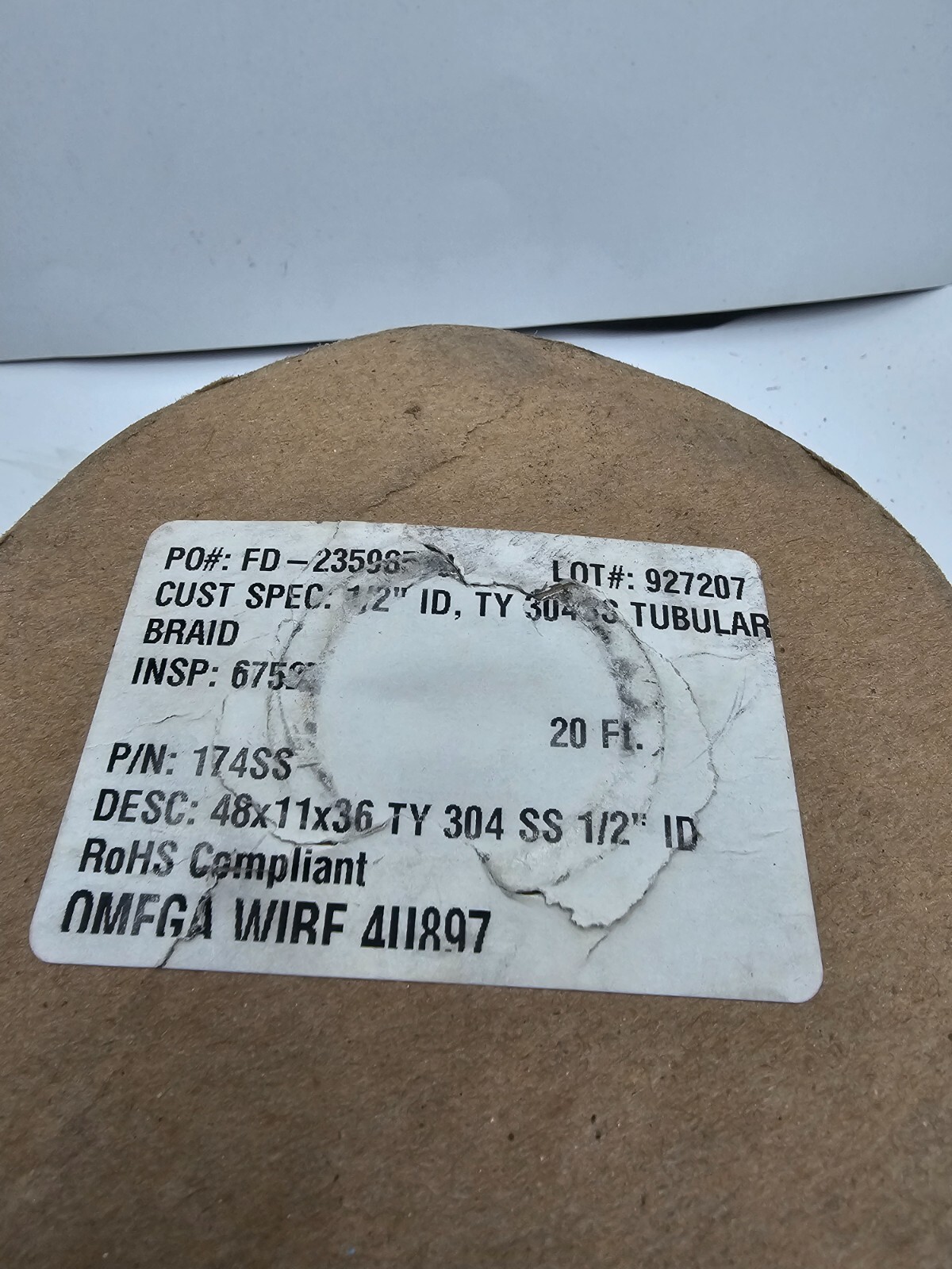 Omega Wire 4U897 Tubular Braid Roll 20 Ft, 48 x 11 X 36 304 SS 1/2″ ID