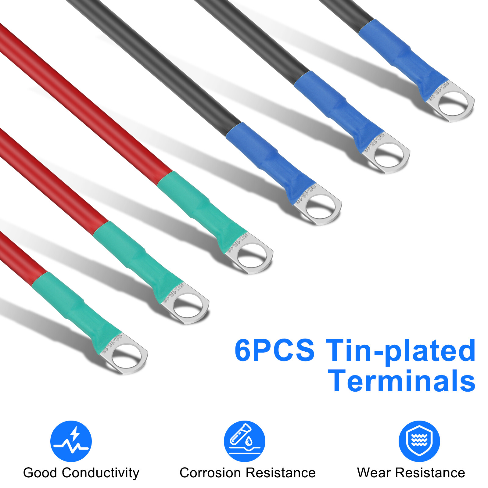 12V 6AWG Battery Cables, 6Pcs, 30cm/12in, 3/8″ Terminals for Solar Inverter