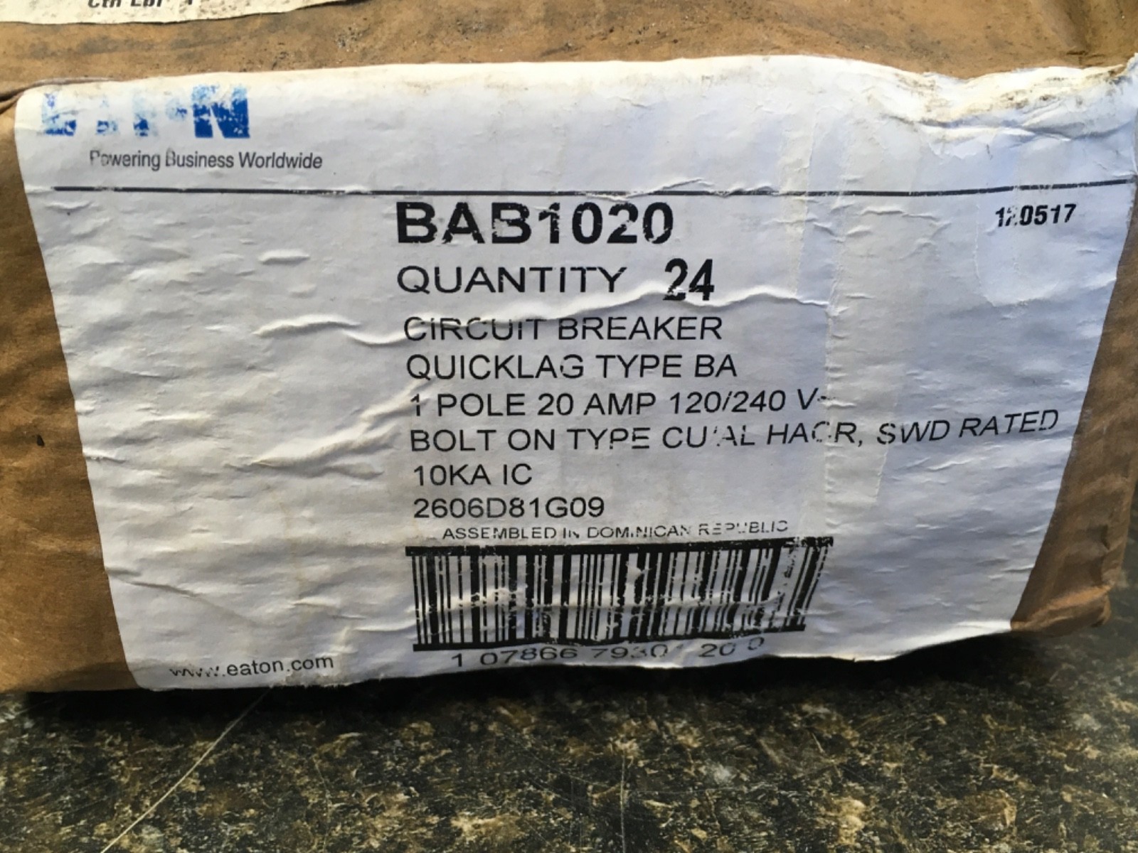 Eaton BAB1020 Circuit Breaker, 20A, Single-Pole *BOX OF 24*