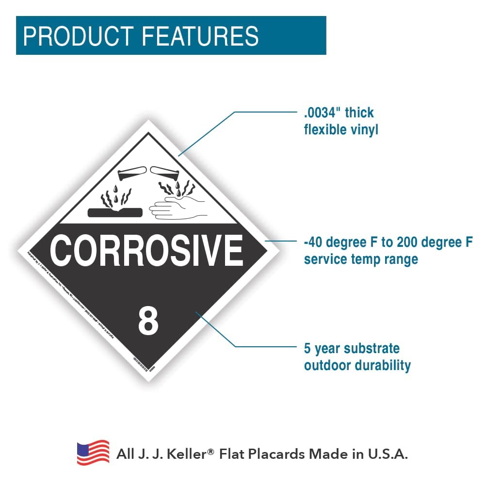 Class 8 Corrosive Placard, Worded, 10.75″ x 10.75″ Removable Self Adhesive Ec…