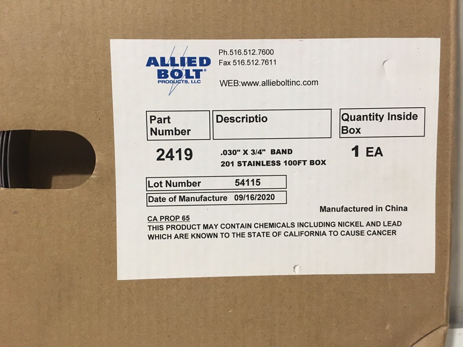 New In box Allied Bolt 2419 Band Pole Stainless Steel .030” X 3/4 Type 201 100ft