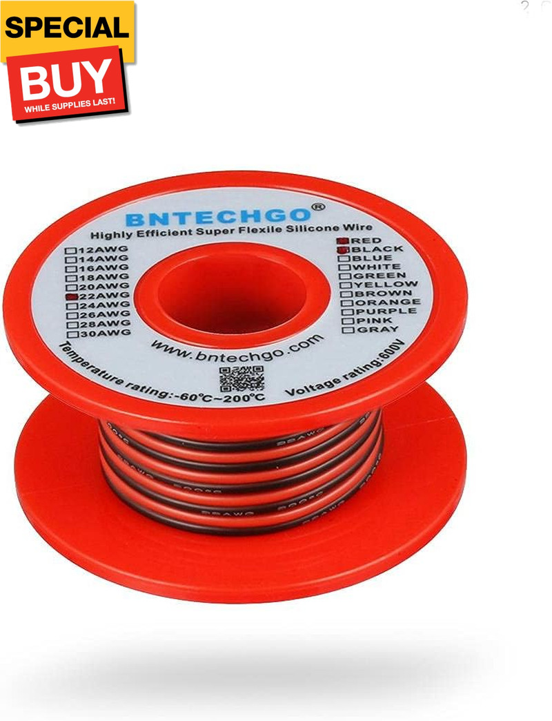 22 Gauge Flexible 2 Conductor Parallel Silicone Wire Spool Red Black High Resist