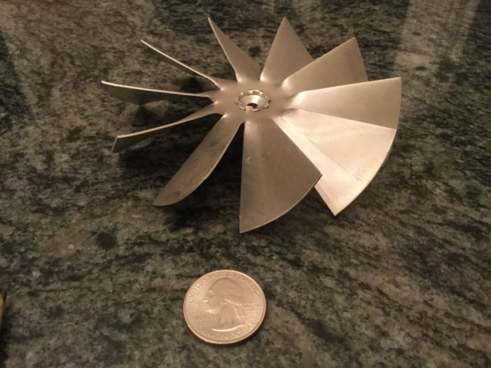 10 blade aluminum cooling fan 3/16 inch mount x 4 1/2 inch x 1 1/4 wide 300 cfm