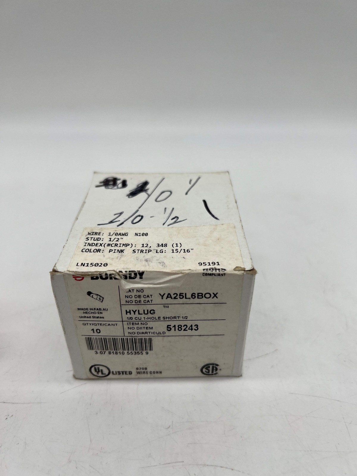 Burndy 518243 YA25L6BOX Compression Terminal, 1/0 AWG, *Box of (10)* (Open Box)
