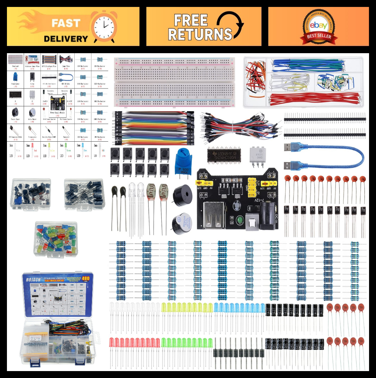 480 Pcs Electronics Component Kit – Power Supply, Jumper Wires, Breadboard for S