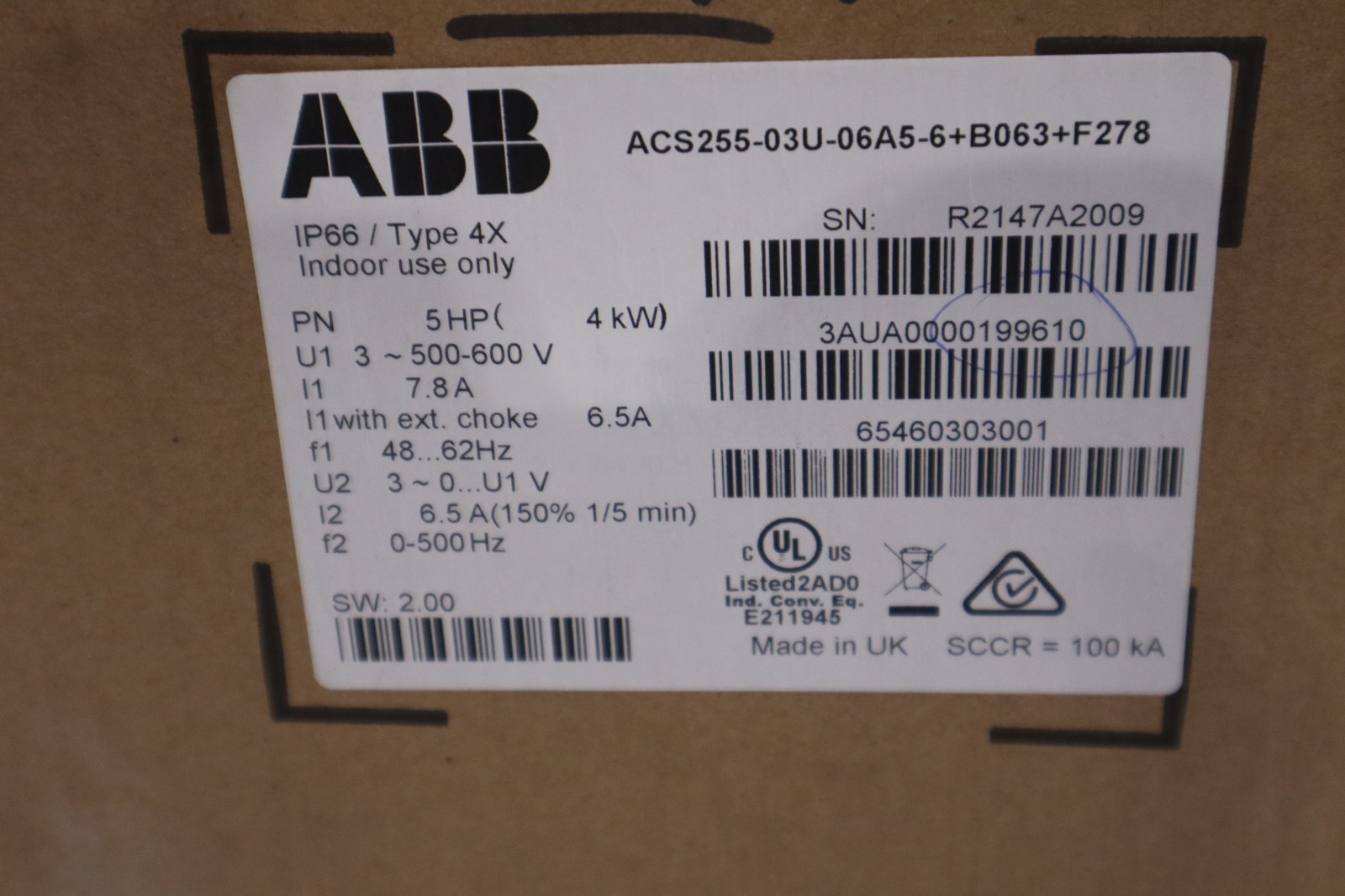 ABB ACS255-03U-06A5-6+B063+F278 3~500-600V IN 5HP 6.5A TYPE 4X – STOCK GF238