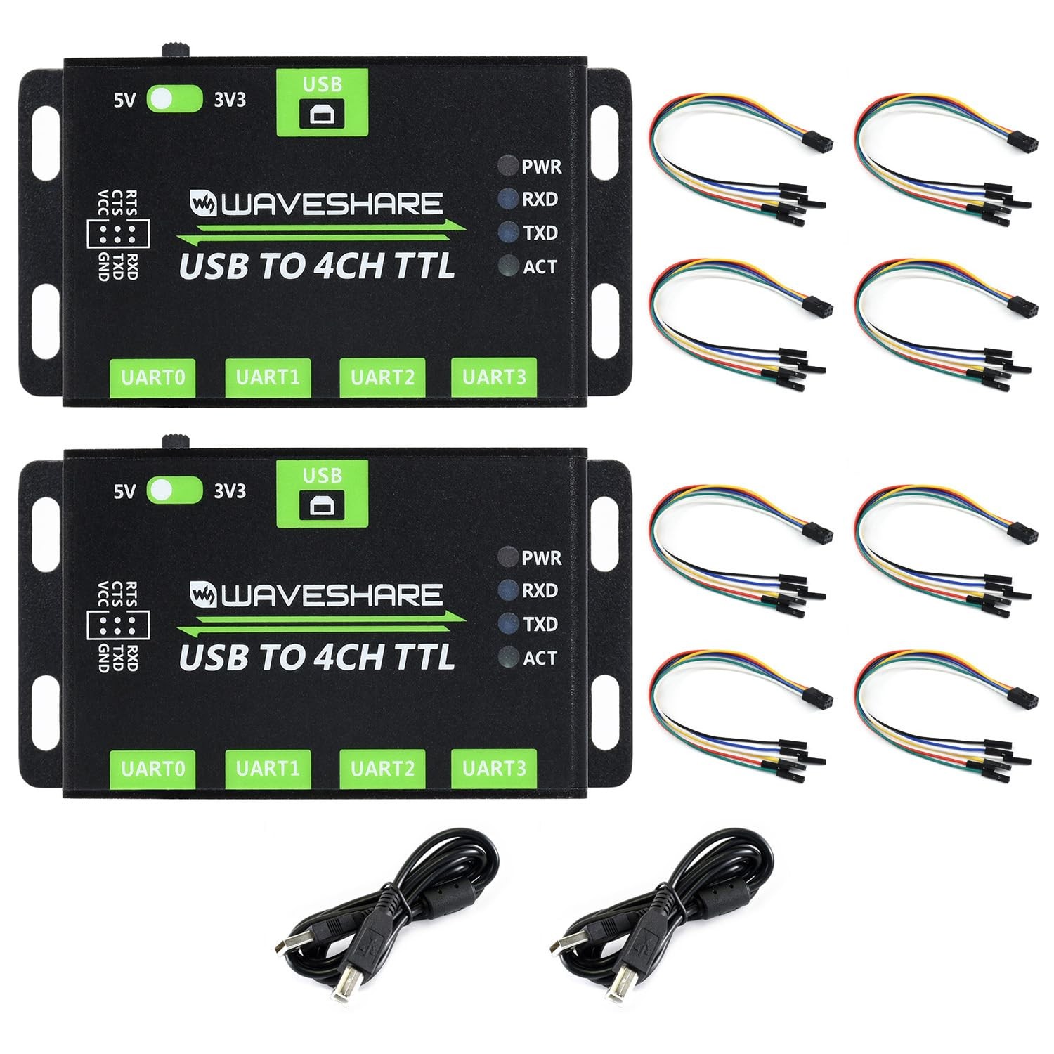 Waveshare 2PCS Industrial USB to 4CH TTL Converter for USB to UART Multi Prot
