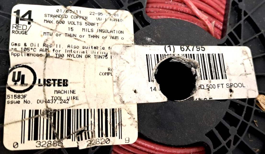 RED ROUGE 500 FT. 14 AWG MACHINE TOOL WIRE COPPER MTW/THWN/THNN 6X795