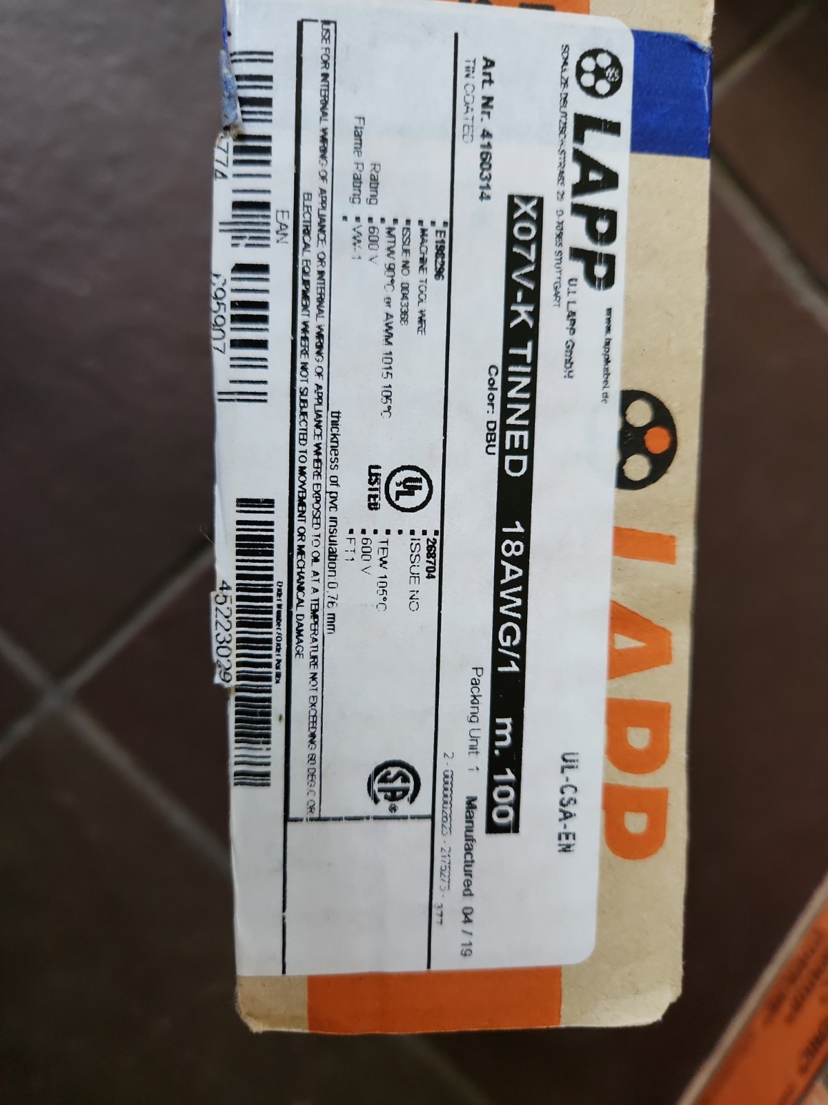 Lapp Kabel X07V-K 1X1 TINNED BLUE white 450/750V 18awg 100 meters 4160326
