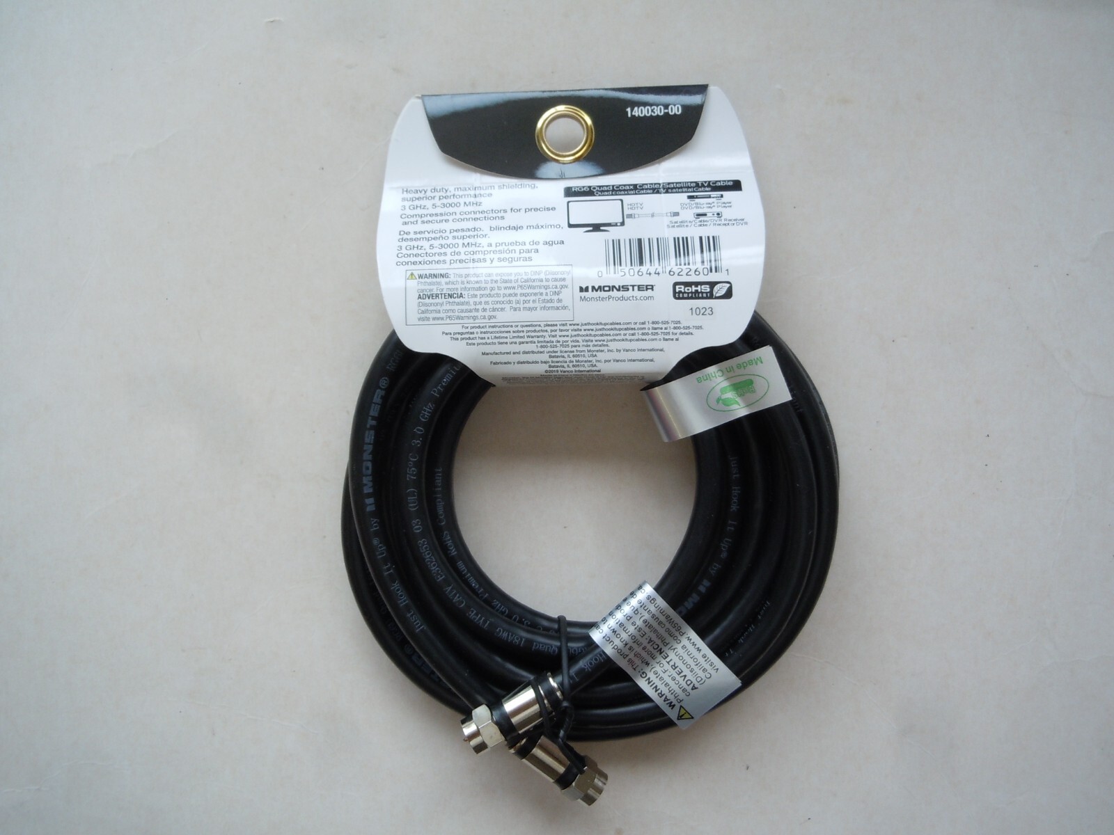Monster 140030-00 RG6 Video Quad Coaxial Cable, 12′, Black