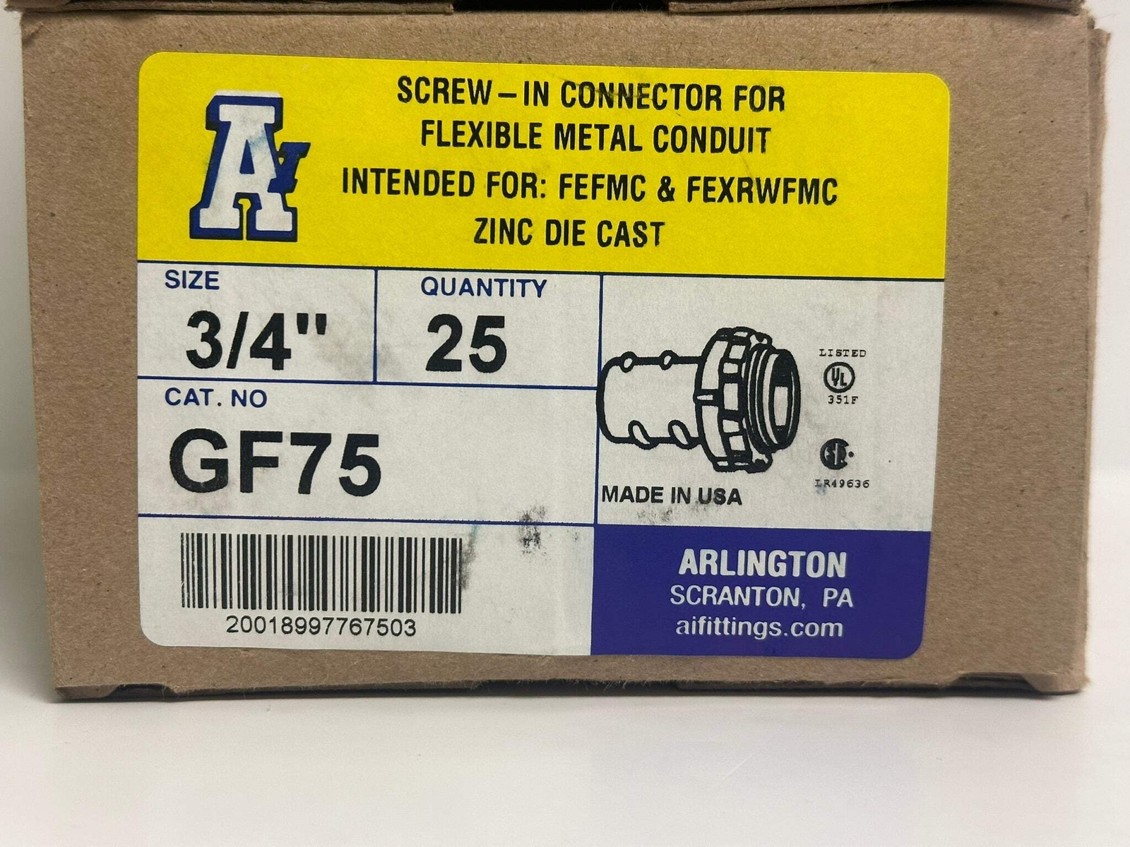 50 PK Arlington (GF75) 3/4″ Connector Flexible Metal Conduit Intended For FEFMC