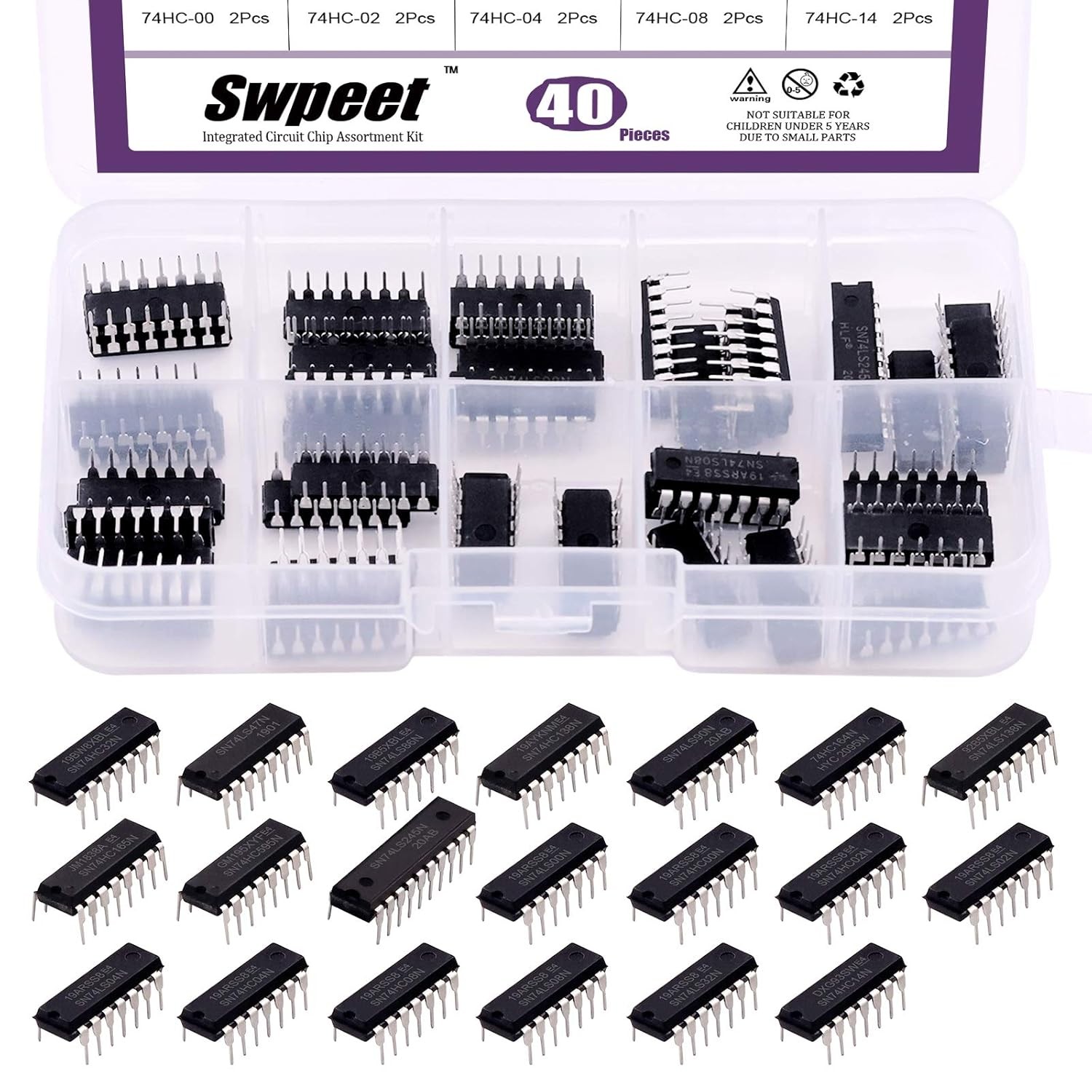 Swpeet 40Pcs 20 Different Types 74HCxx and 74LSxx Series Logic IC Assortment Kit