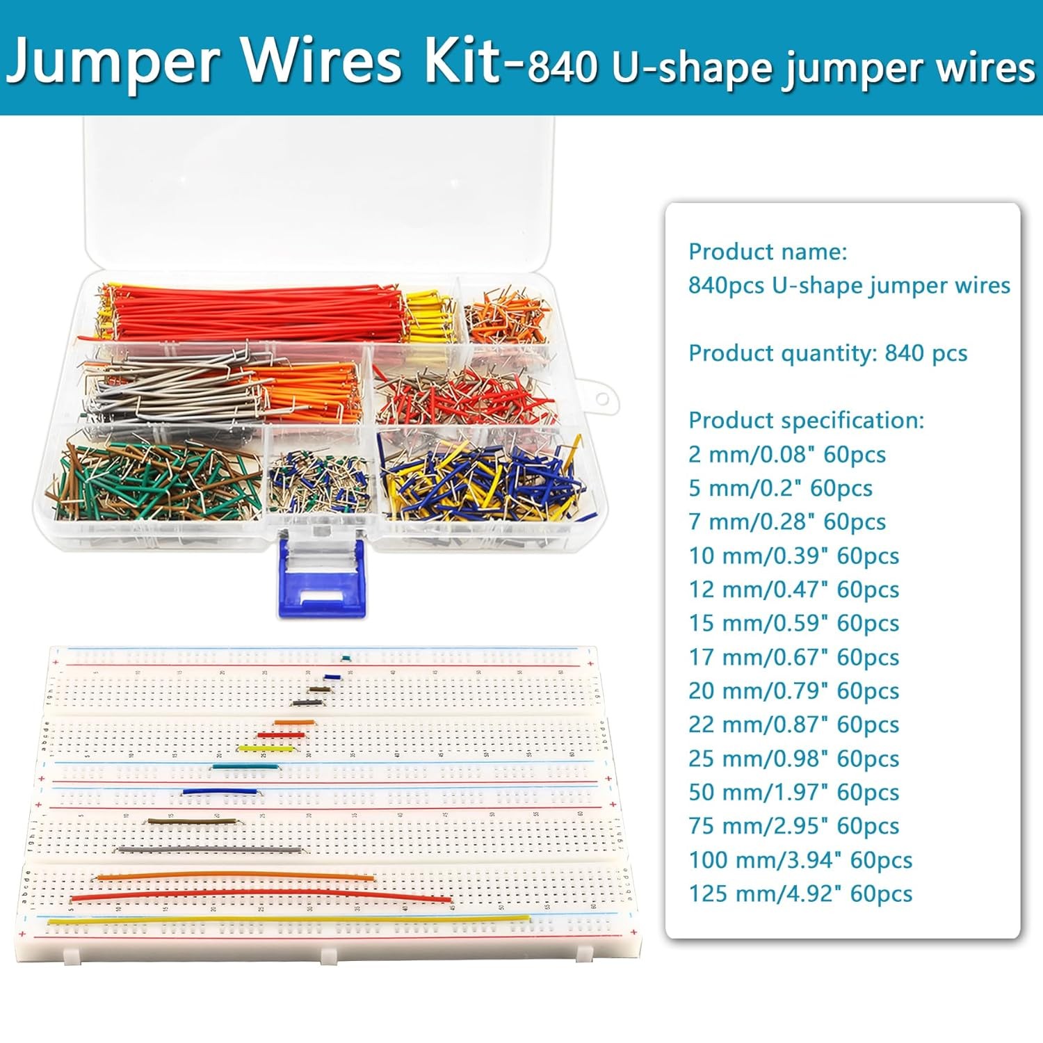 840Pcs Breadboard Jumper Wire Kit for Arduino – 14 Sizes U-Shape Wires & Alligat