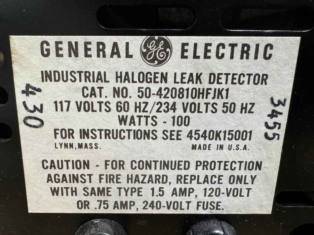 GE GENERAL ELECTRIC INDUSTRIAL HALOGEN LEAK DETECTOR C/N 50-420810HFJK1 TYPE H25