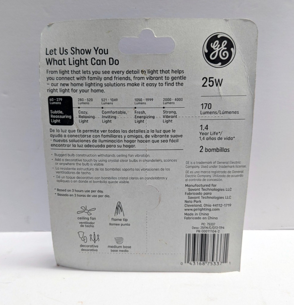 GE Crystal Clear 25W Flame Tip Bulbs 2-Pack Ceiling Fan Medium Base New