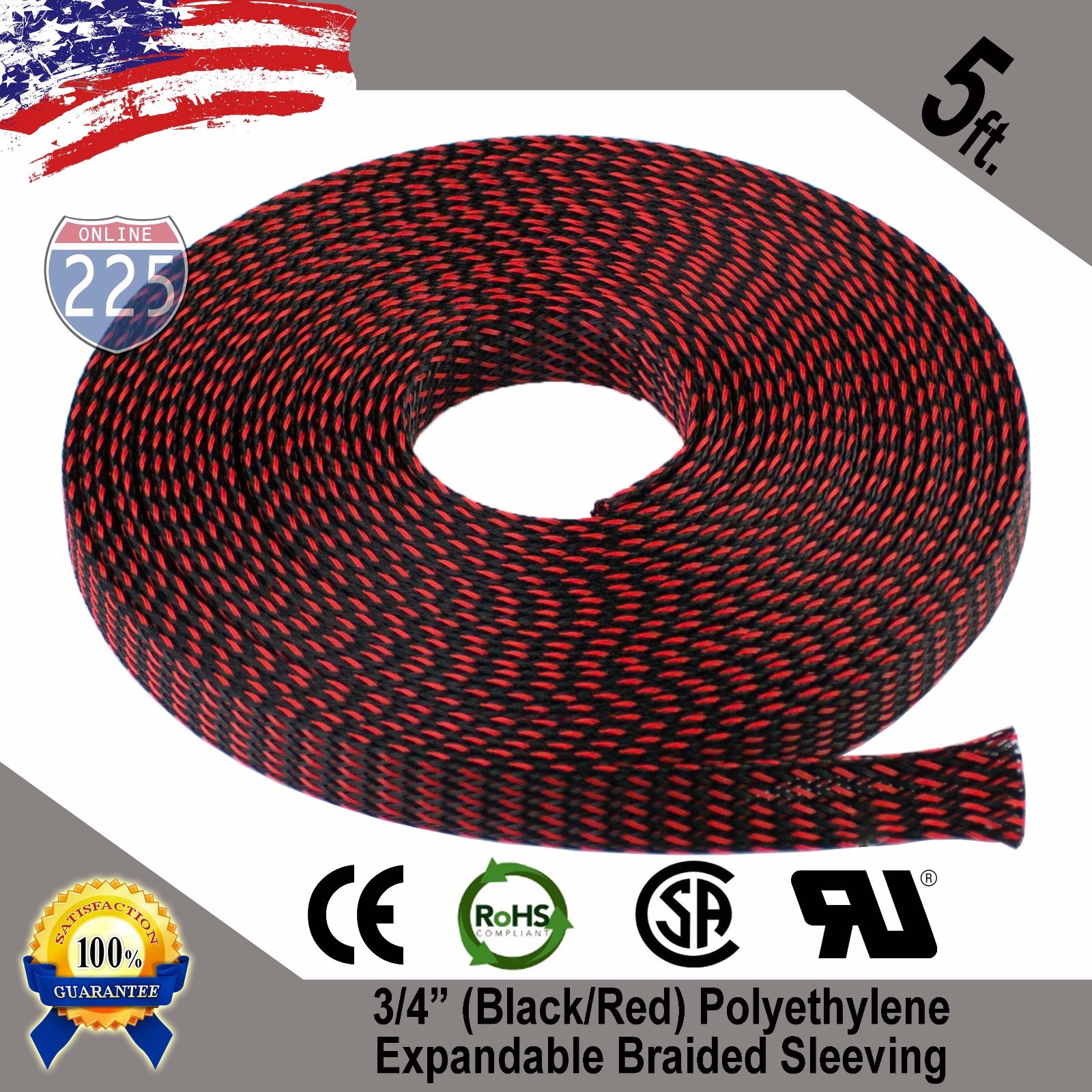 5 FT 3/4″ Black Red Expandable Wire Sleeving Sheathing Braided Loom Tubing US