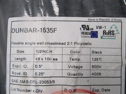 DUNBAR 1/2″ X 4′ SINGLE WALL POLYOLEFIN HEAT SHRINK TUBE SET OF 100 BLACK 1635F