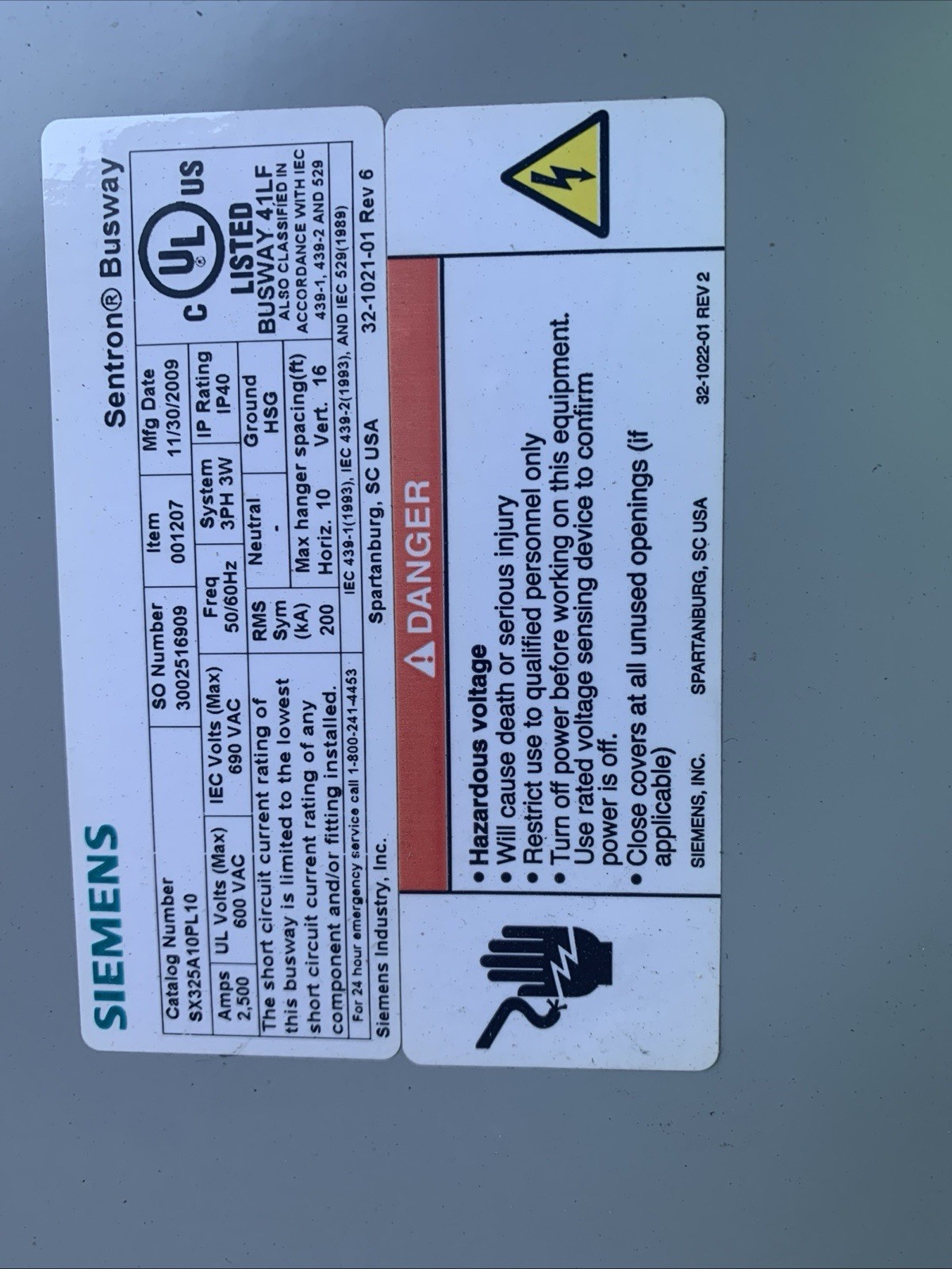 Siemens Sentron ￼ 2500 Amp 690 V Aluminum 3 Wire 10’ Long Busway Sx325A10PL10