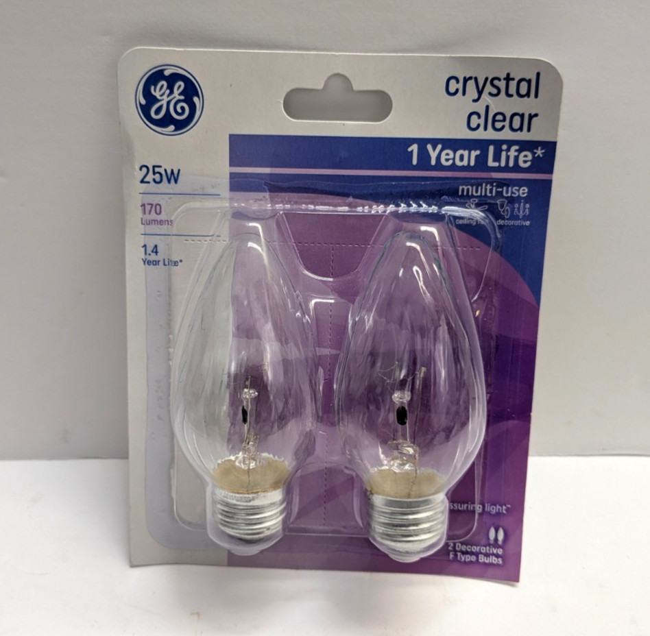 GE Crystal Clear 25W Flame Tip Bulbs 2-Pack Ceiling Fan Medium Base New
