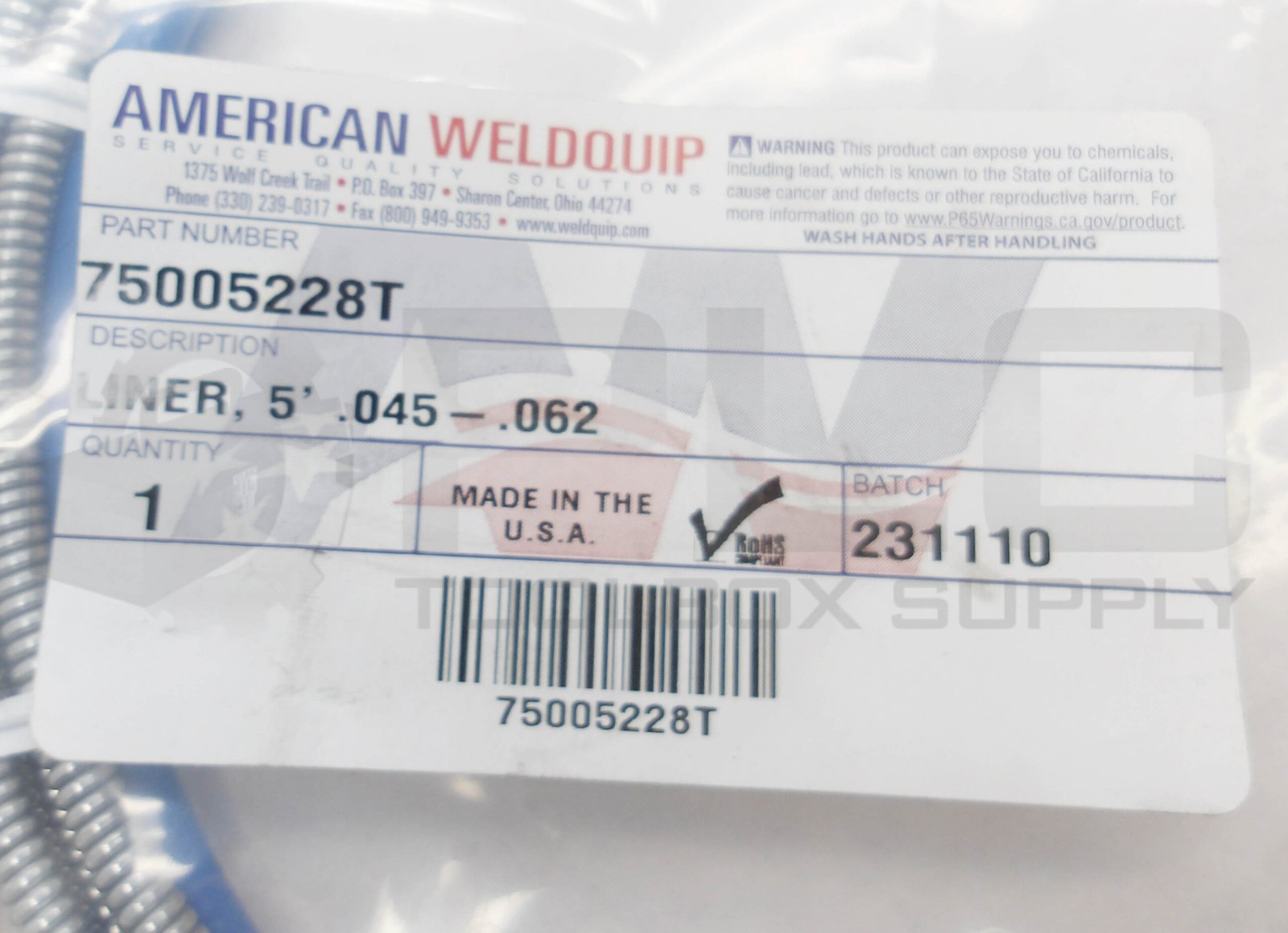 SEALED NEW AMERICAN WELDQUIP 75005228T LINER 5′ .045-.062