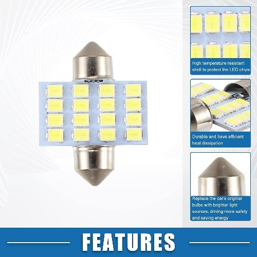 2835 Chipset 16-SMD 6000K White LED Festoon Bulb, 31mm for Car Interior Dome Map