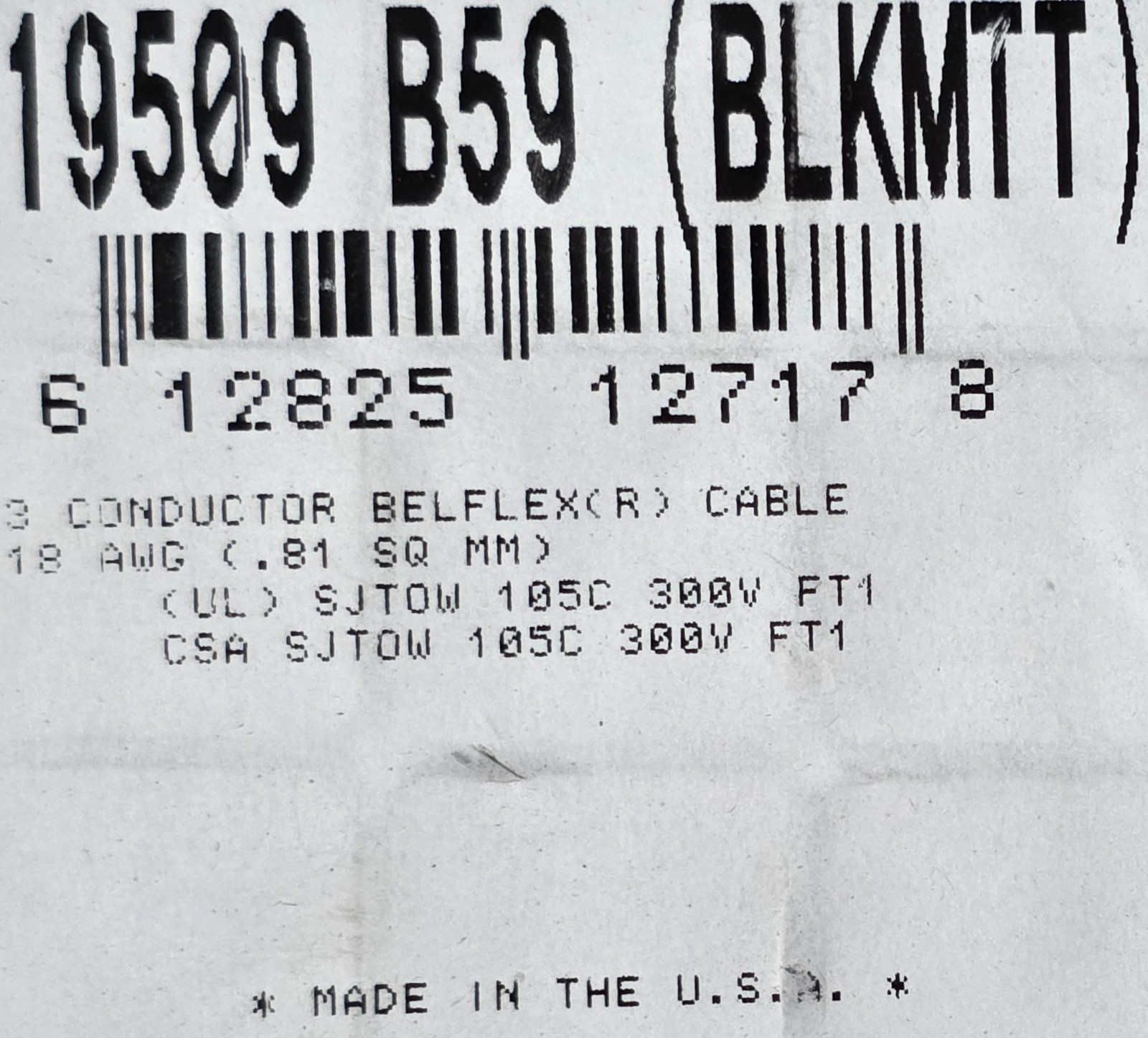 Belden 19509 18/3C SJTOW BelFlex High Flex Portable Power Cord Cable Black /10ft