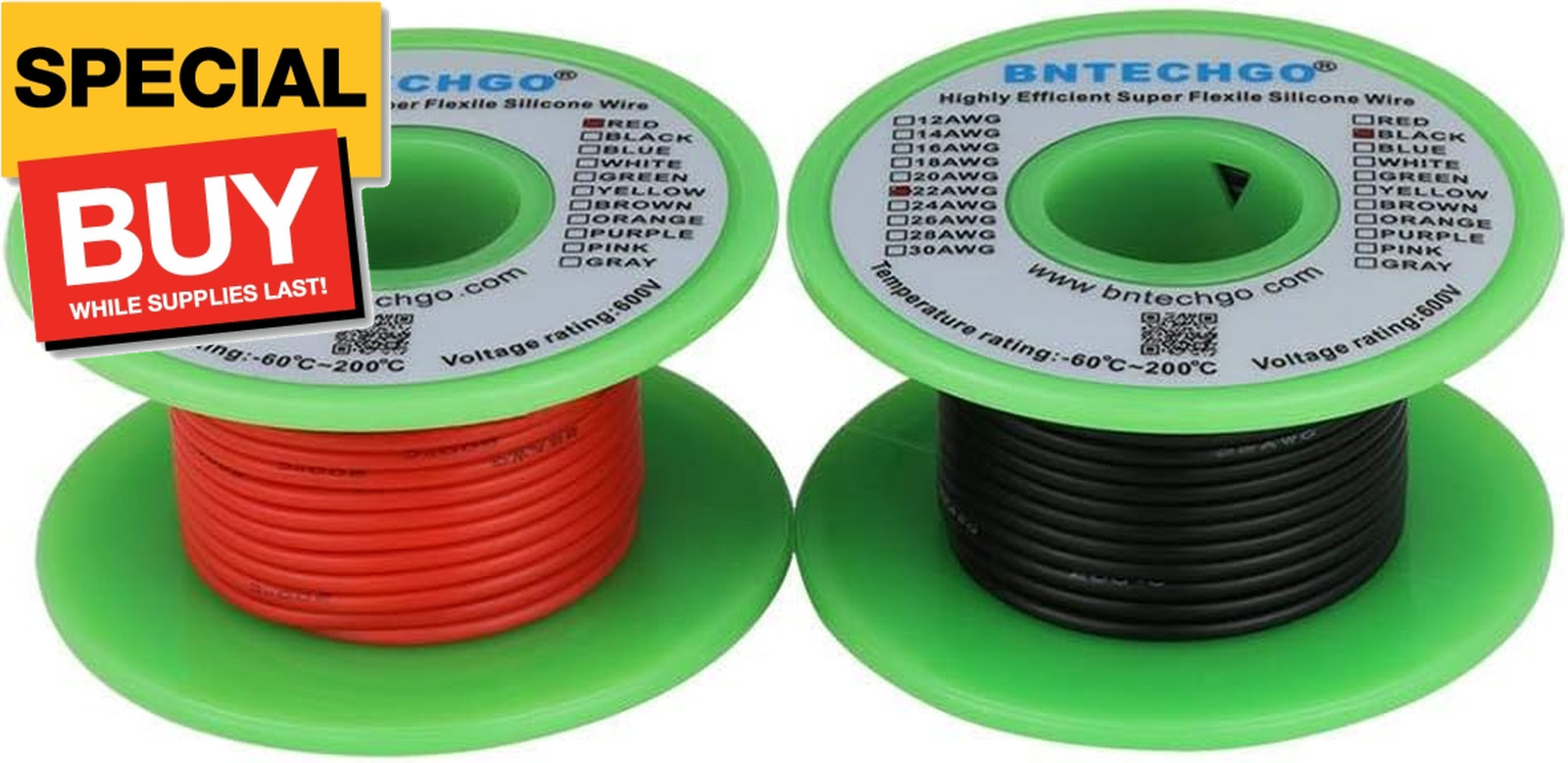 22 Gauge Silicone Wire Spool red 50ft and Black 50ft Flexible 22 AWG Stranded Ti