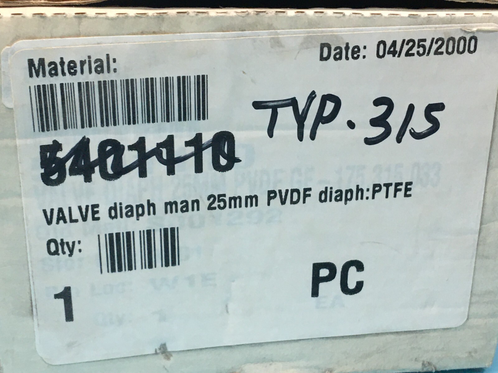 GEORGE FISCHER 315 PVDF D25 DN 20 PN 10, VALVE DIAPH MAN, 25MM, PTFE, 146907