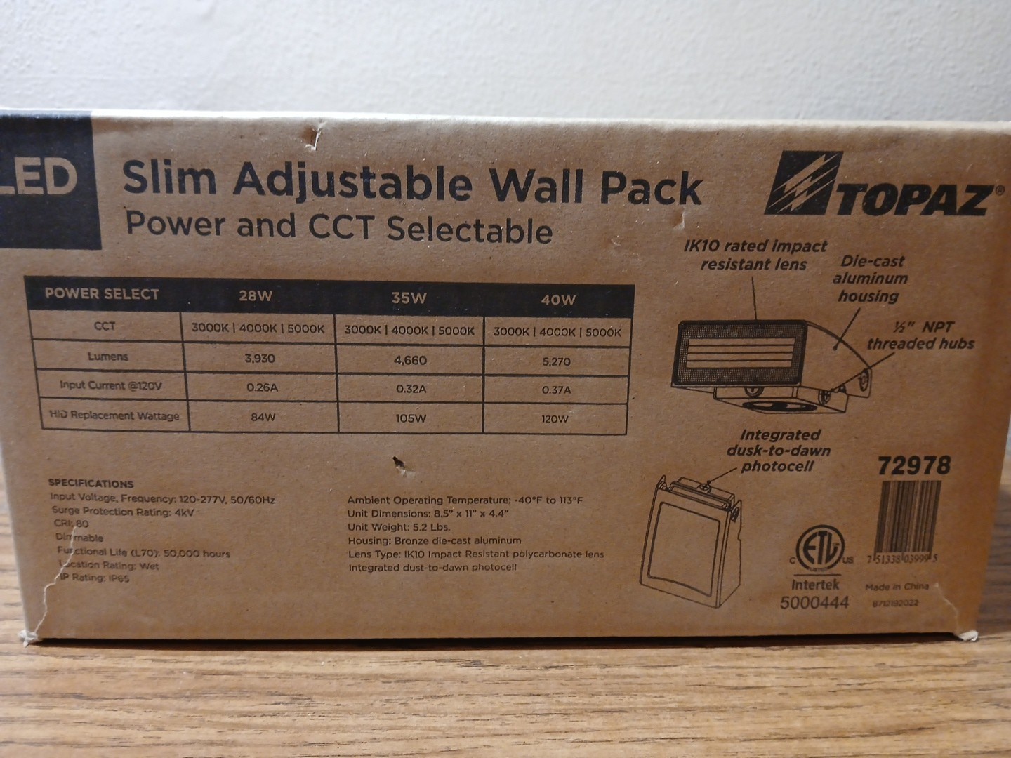Topaz WPA-40W-PCTS-BZ-PC LED Slim Adjustable Wall Pack 40W Power & CCT Selectabl