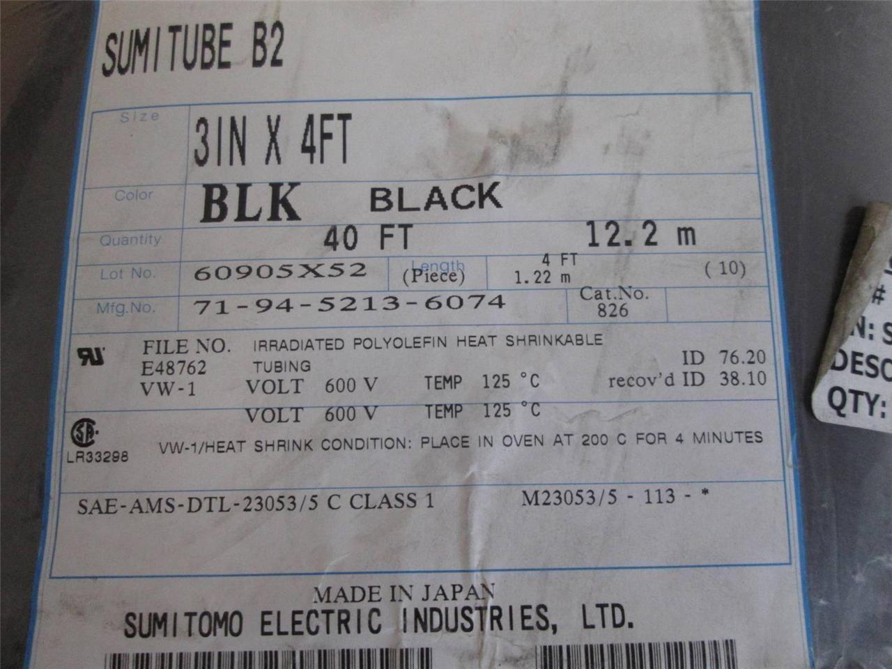 Sumitomo 71-94-5213-6074 Sumitube B2 3in x 4ft Heat Shrinkable Tubing Qty. 40ft