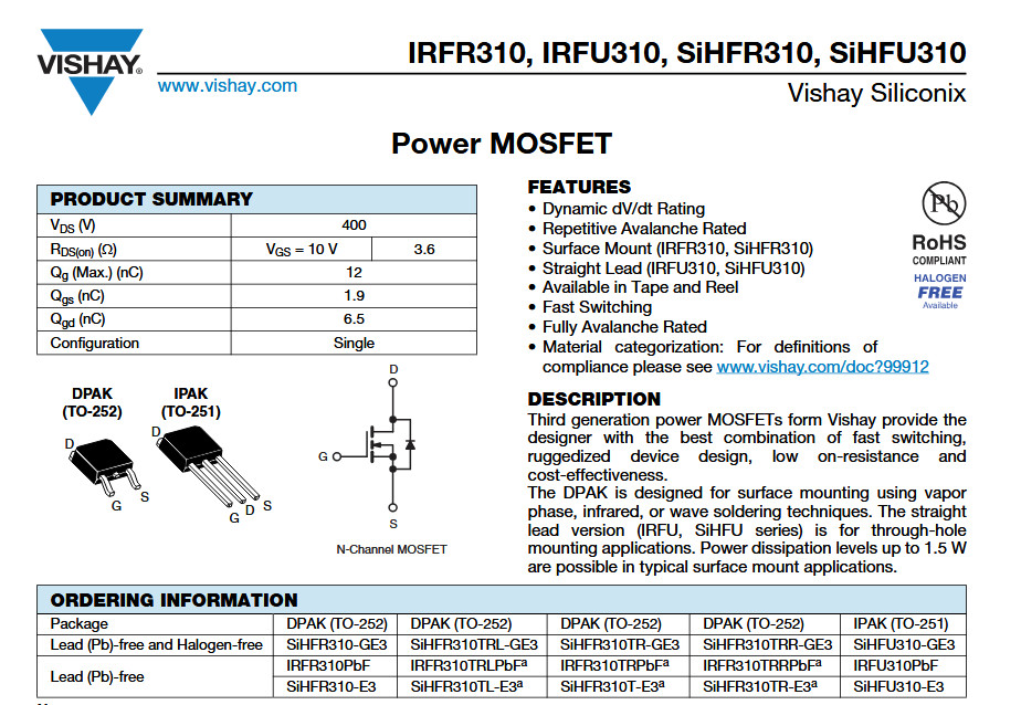 QTY (70) IRFU310 VISHAY TO-251 IPAK N CHANNEL MOSFET 1.7A 400V NOS 1 TUBE