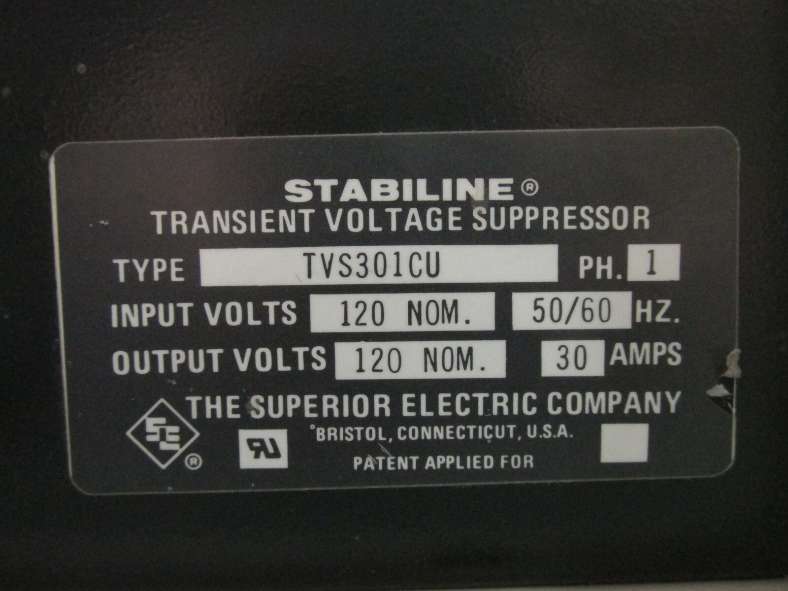 120V 30A Superior Electric Stabiline TVS301CU 1PH Transient Volt. Supp. 45675WVS