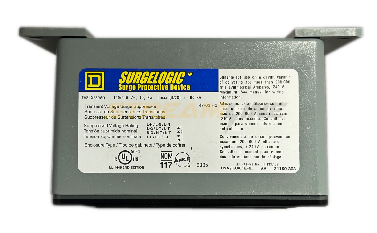 Square D TVS1XF80AD Surge Protection Device, Surgelogic, 120/240V, 80kA, 3W, 1Ø