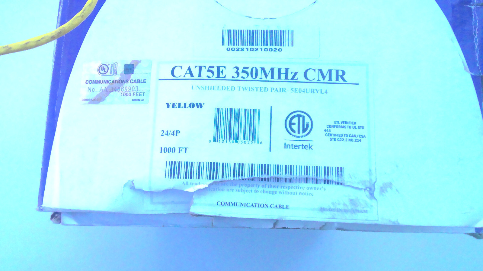 CAT5E 350MHz CMR unshielded twisted pair yellow 1000 ft (DAMAGE BOX)