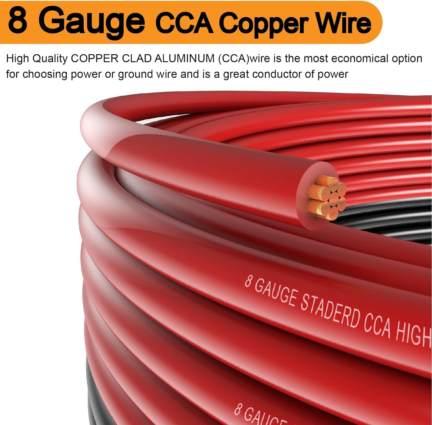 8 Gauge Wire (25ft Each- Black/Red) Copper Clad 8 Gaue Wire（Black/Red）