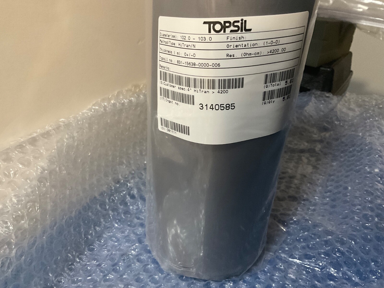 Silicon Si Crystal Ingot Wafer Material TOPSIL 4” diameter 4”HiTran 4200 NEW