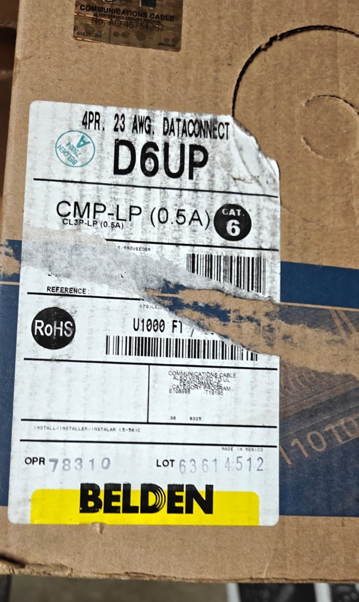 Belden 23 AWG 4 Pair U/UTP CMP-LP Box Cat 6 Yellow 1000 ft