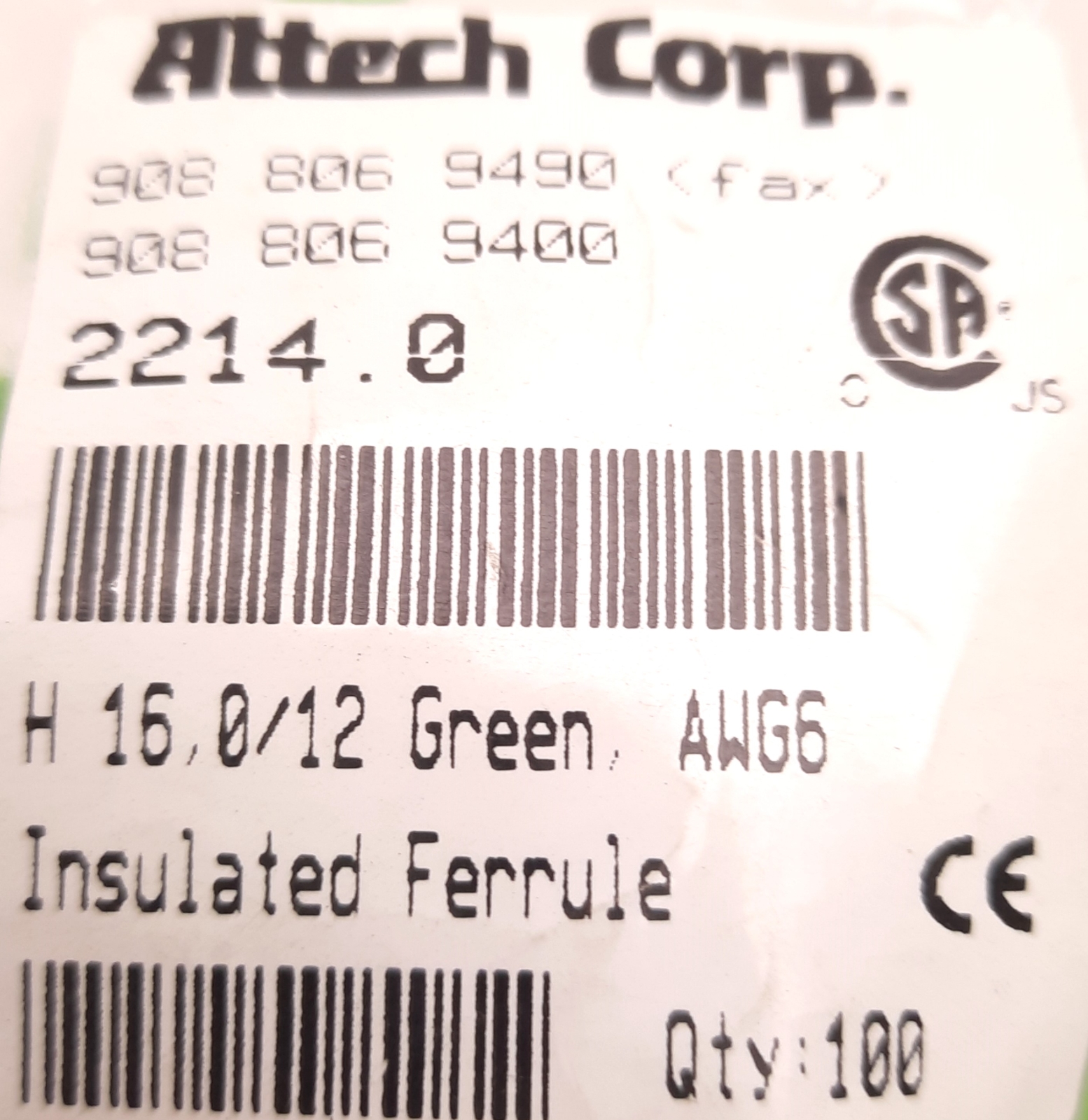 Lot of 100 Altech Corp 2214.0 Green Insulated Ferrule, AWG 6, 0.47″ Length