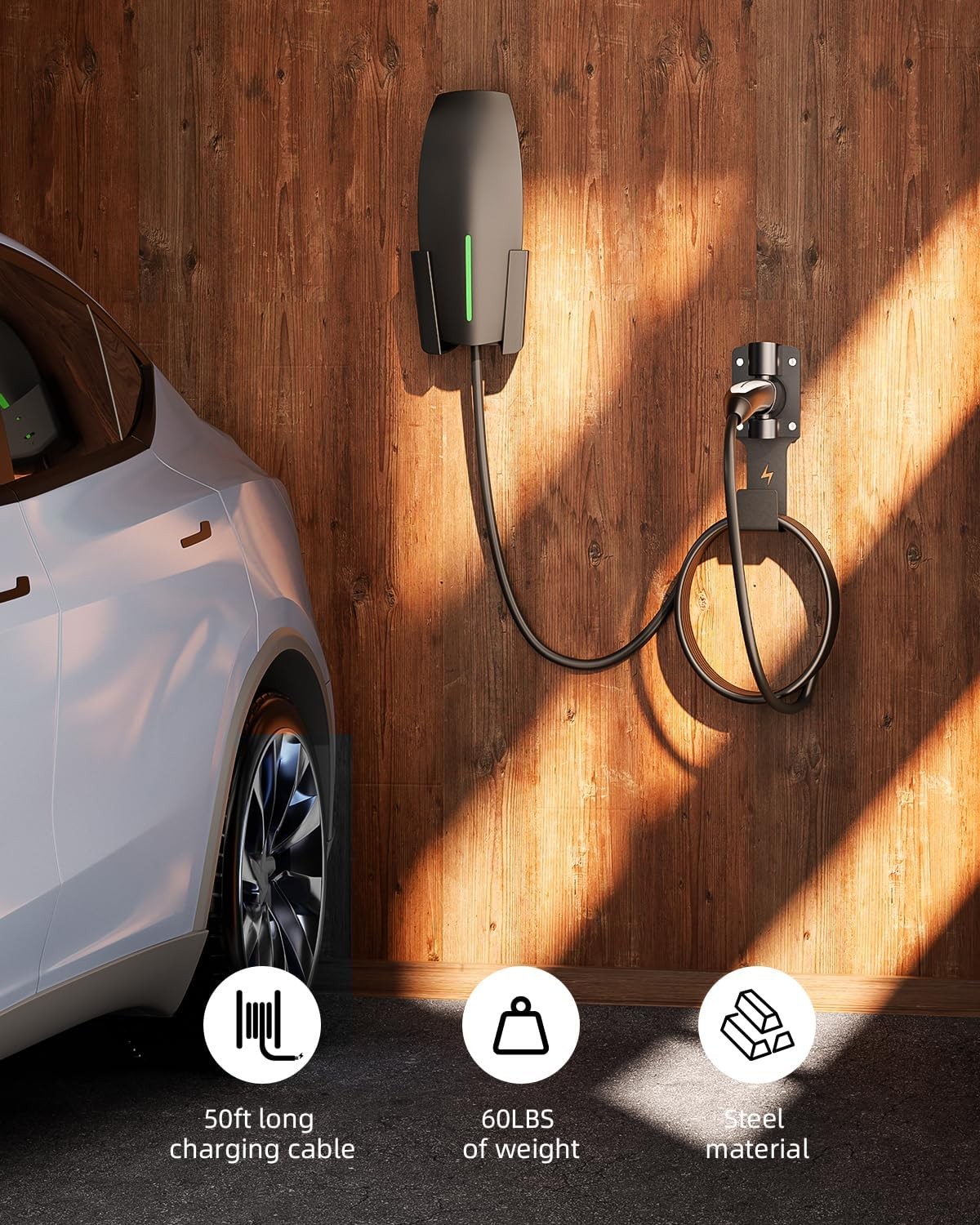 For Tesla Charger Holder, with 180° Rotation Nozzle Dock, Metal J-Hook for Tesla
