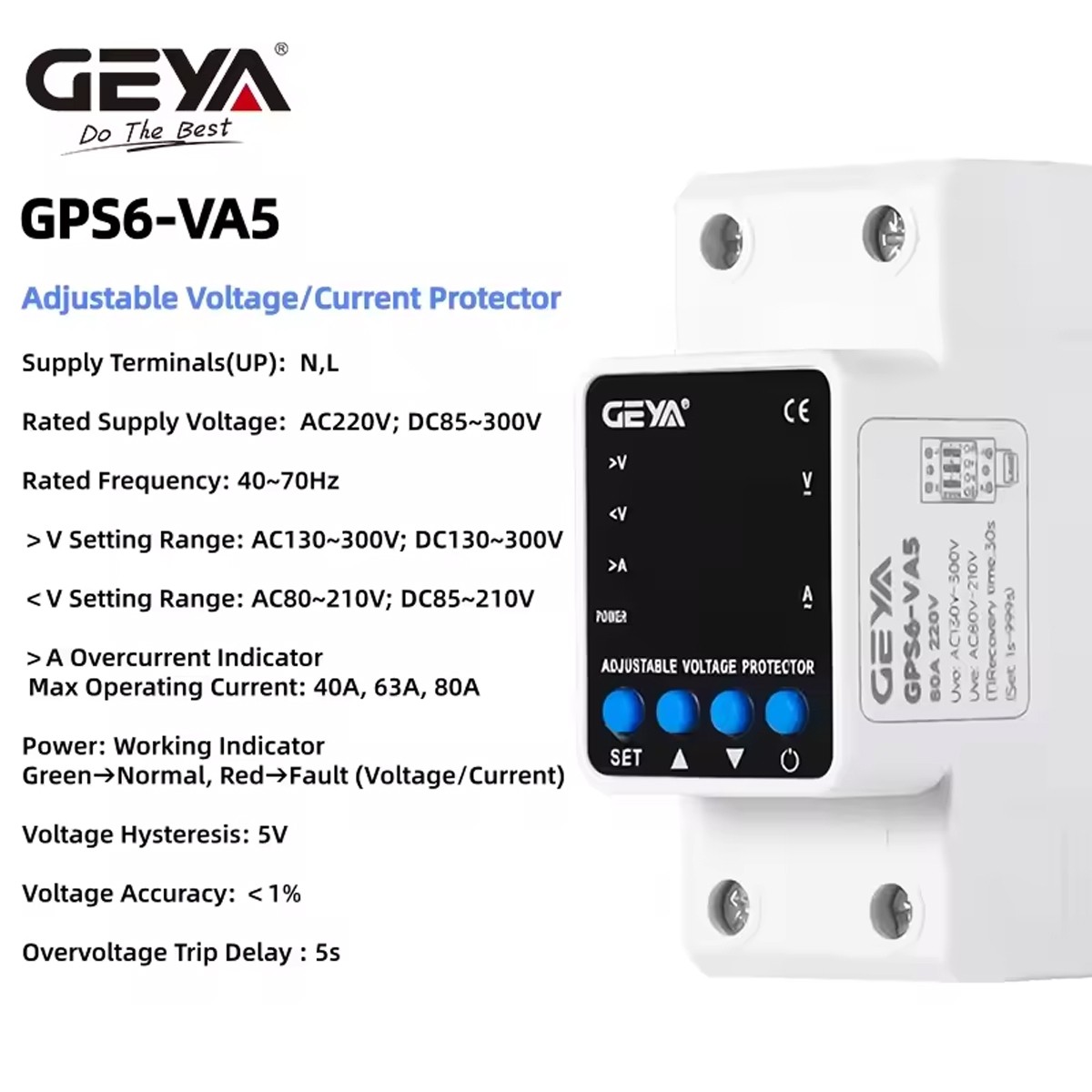 GEYA GPS6 Digital Display Voltage Current KWH Protector Protect 2P 40/63/80A 110