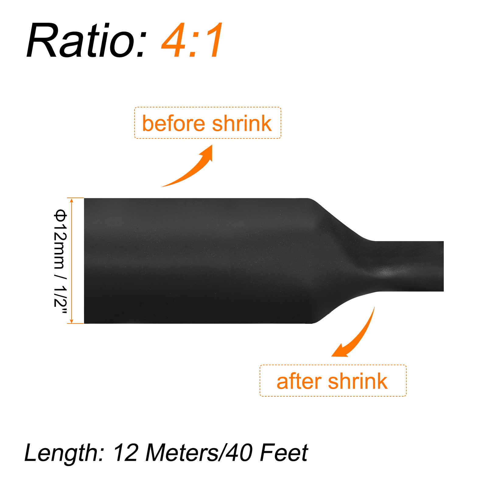 Heat Shrink Tubing 4:1 Ratio 1/2 Inch Dia 40ft Adhesive Lined Dual Wall, Black